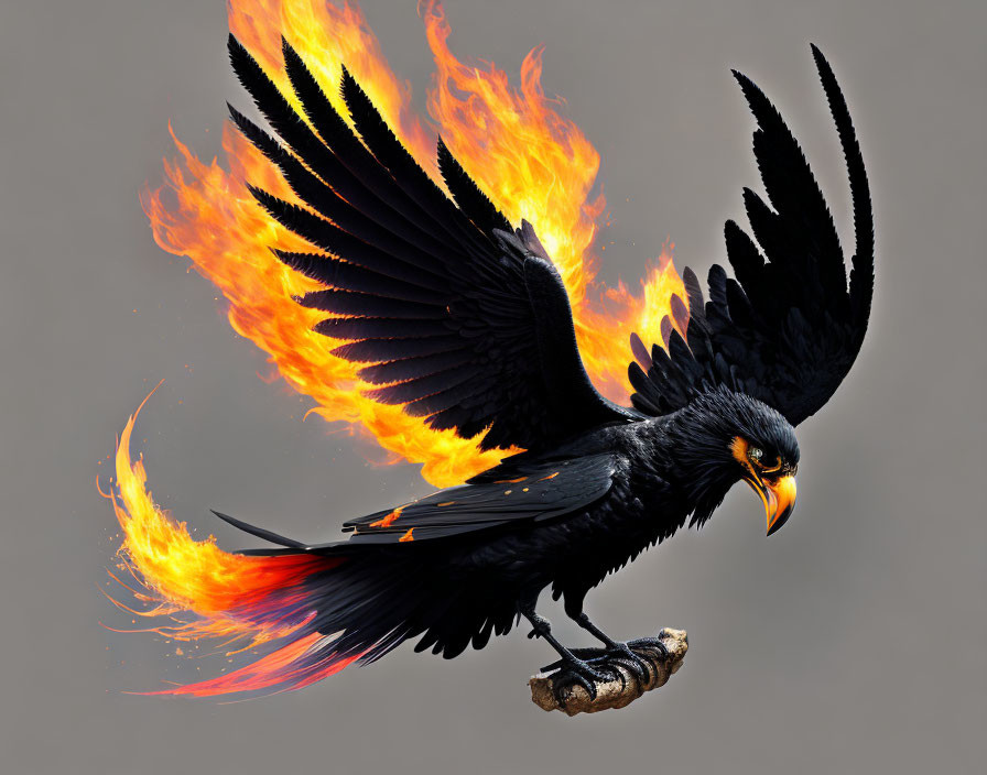 Digital artwork: Black bird engulfed in flames, resembling a phoenix, on grey background