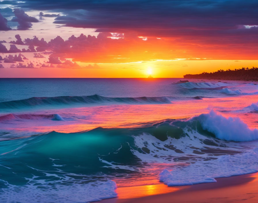 Colorful ocean sunset with fiery sky and gentle waves