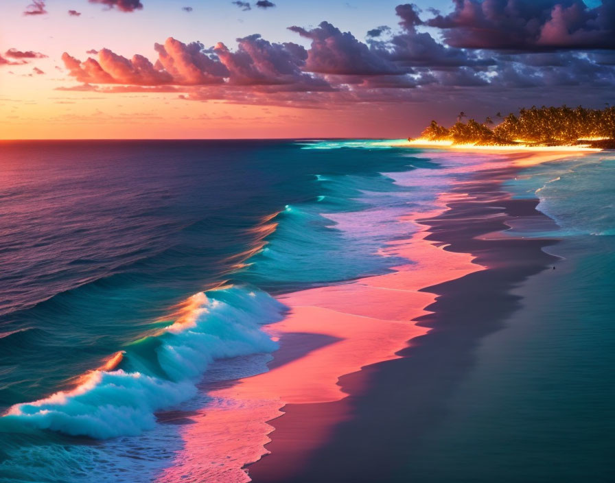 Colorful Sunset Beachscape with Pink and Blue Hues and Tree Line