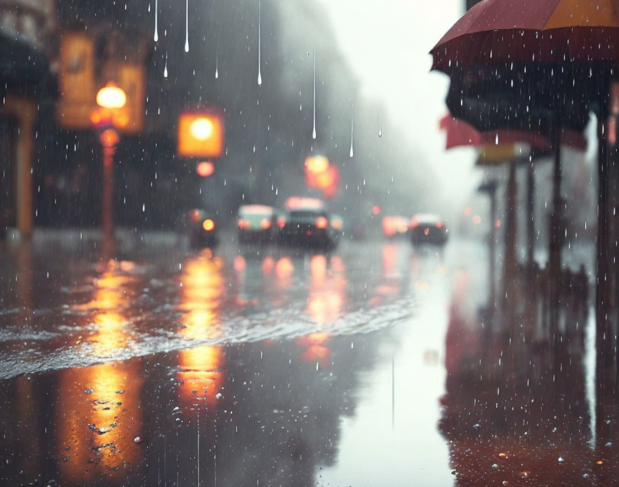 Blurred traffic lights and red umbrella on rainy city street