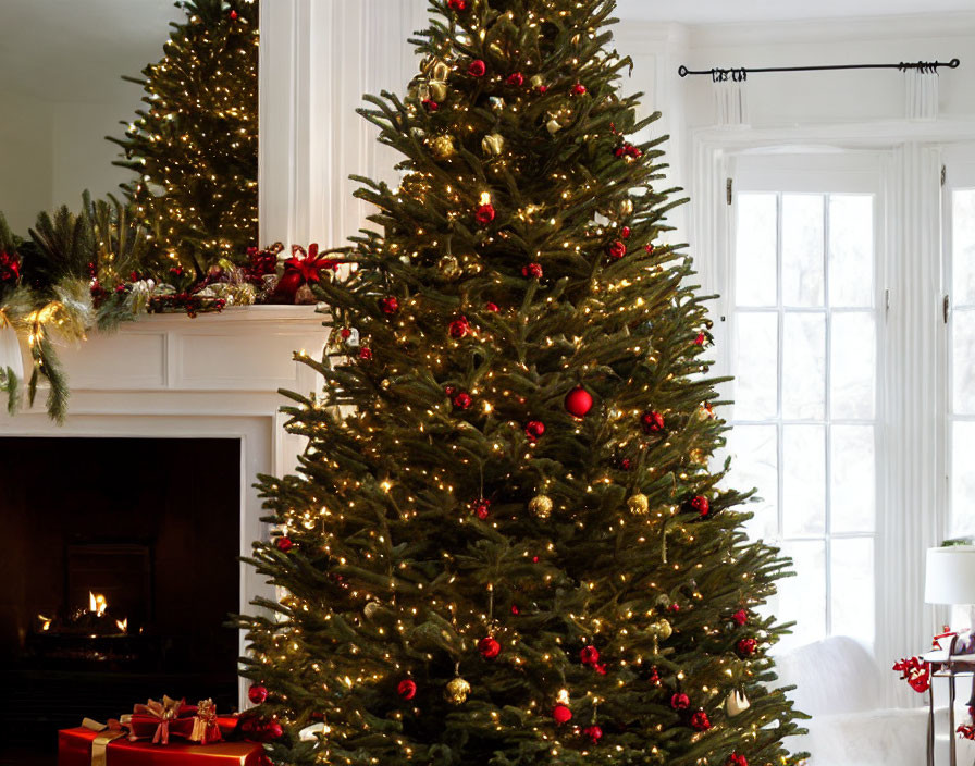 Festively Decorated Christmas Room with Tree, Fireplace, and Presents