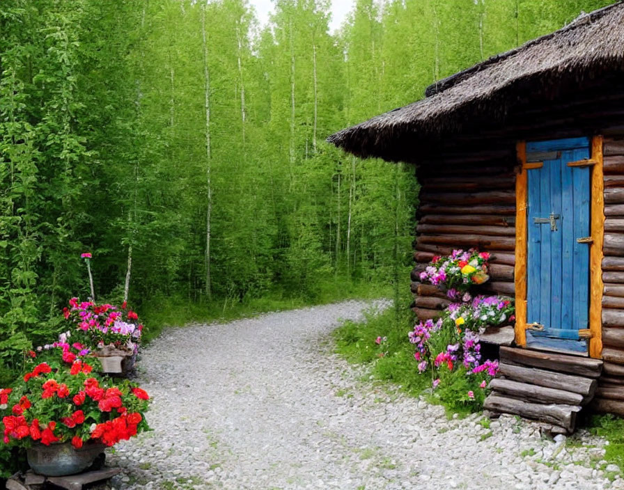 Rustic wooden cabin with blue door and lush greenery in garden