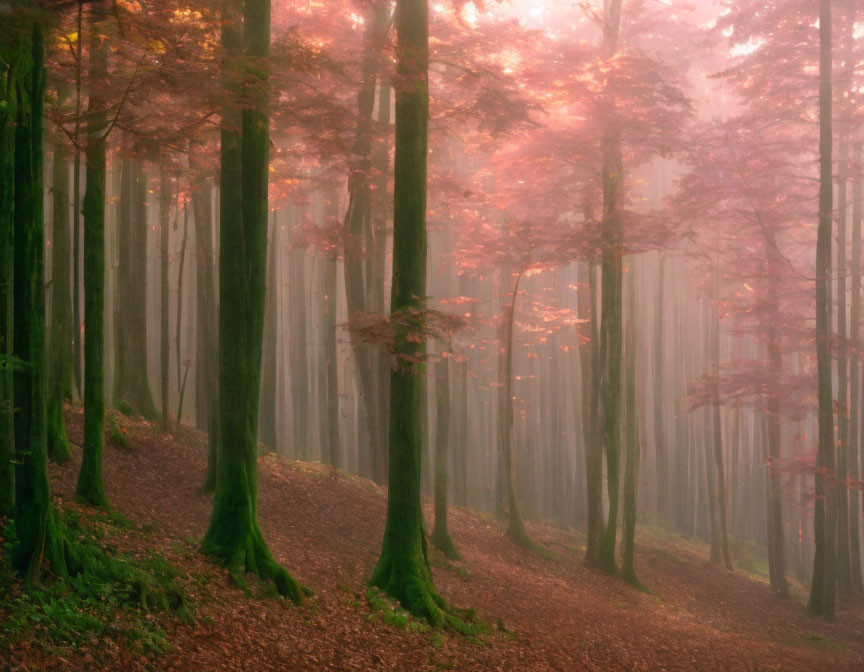 Misty Autumn Forest with Tall Trees and Pink Glow