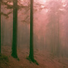 Misty Autumn Forest with Tall Trees and Pink Glow