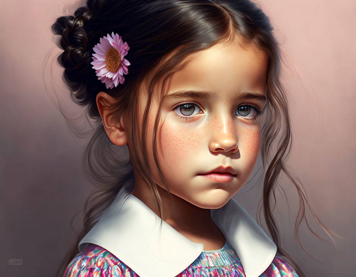 Young girl digital painting with solemn expression and pink flower in hair