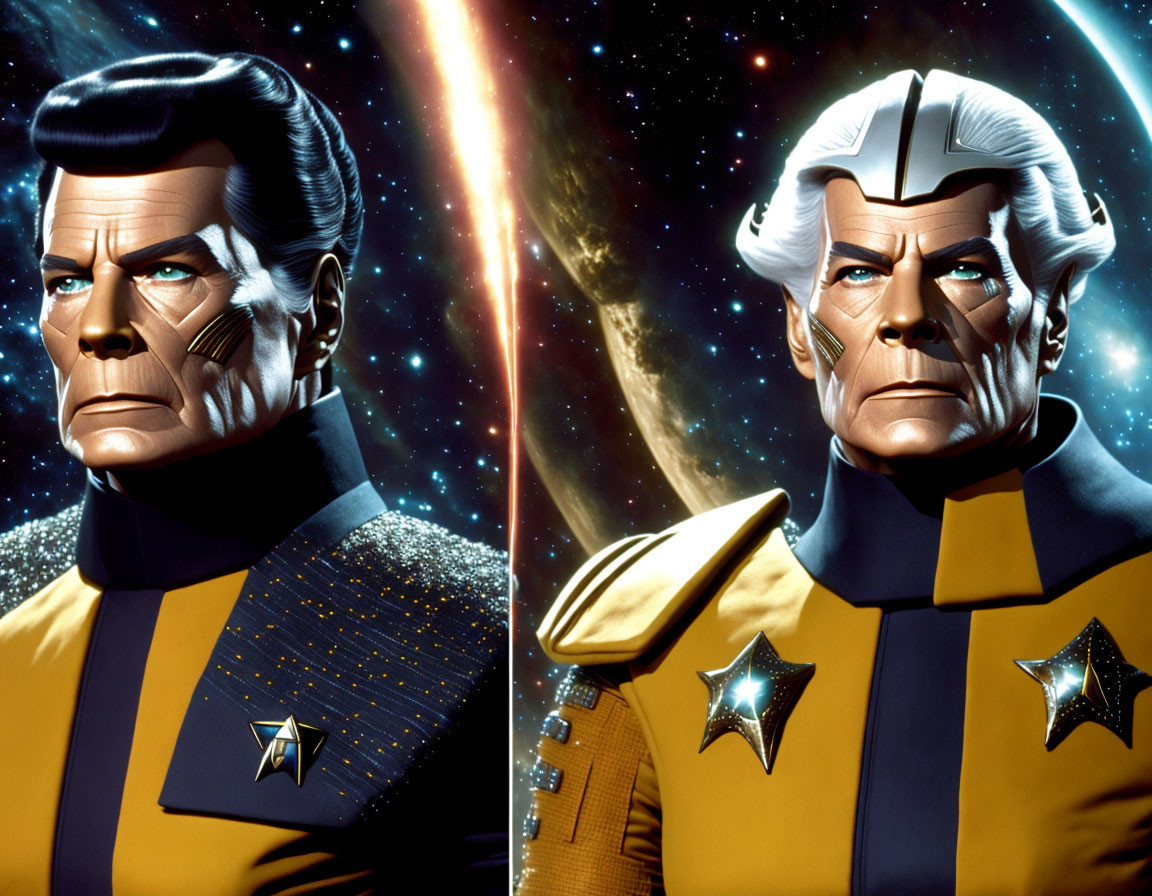 Illustrated characters in futuristic uniforms against space backdrop: one dark-haired male with cleft chin, the