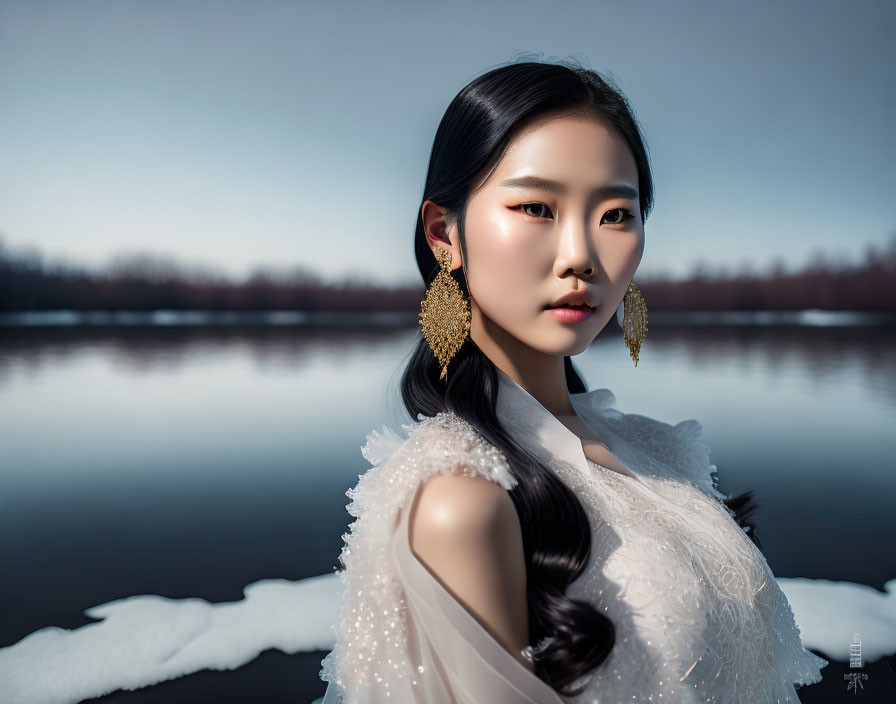 Woman with long hair in white outfit by tranquil lake