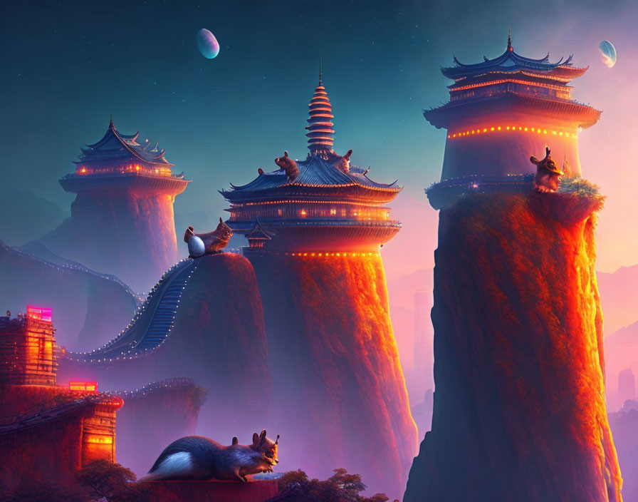 Fantastical Asian-style towers on towering cliffs under multiple moons, with giant creature.