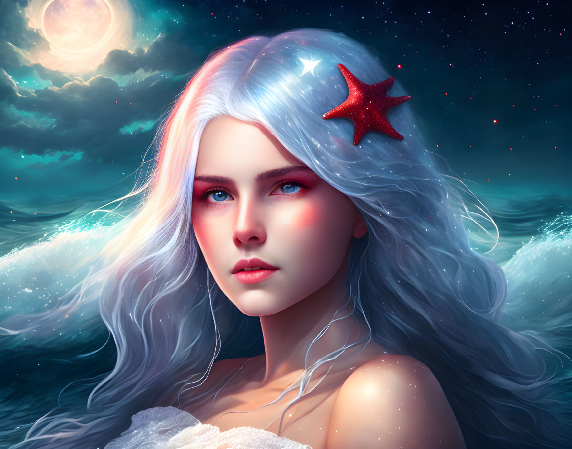 Fantastical portrait of woman with silver-blue hair and red eyes, adorned with starfish, against