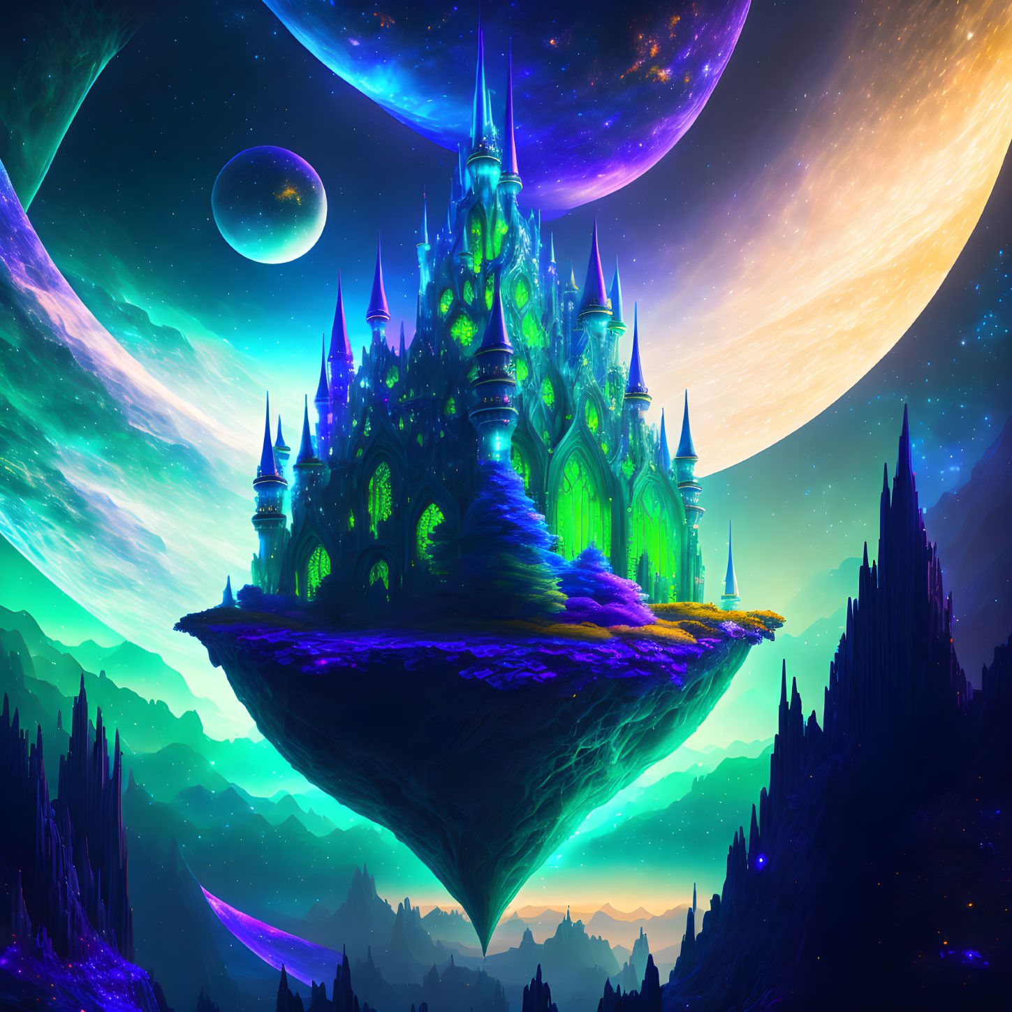 Vibrant glowing castle on fantastical floating island under celestial sky