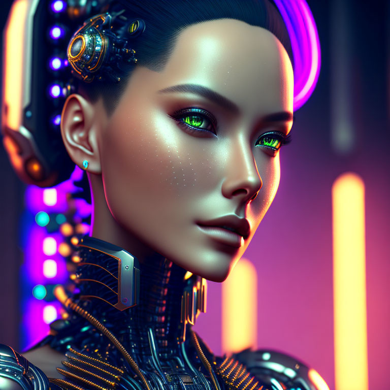 Futuristic female android digital art with glowing eyes and neon lighting