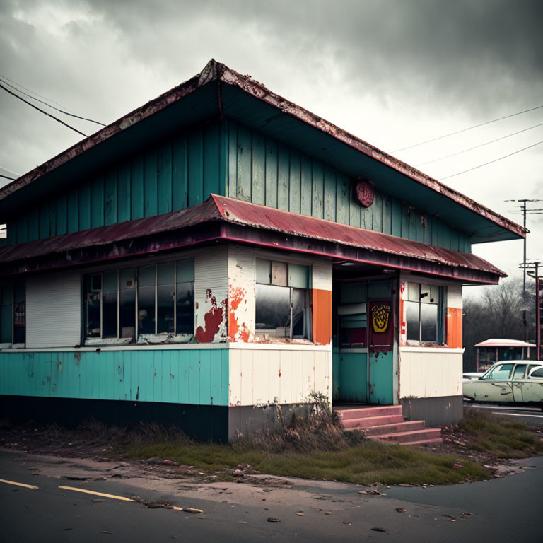 Abandoned diner with vintage car under cloudy sky