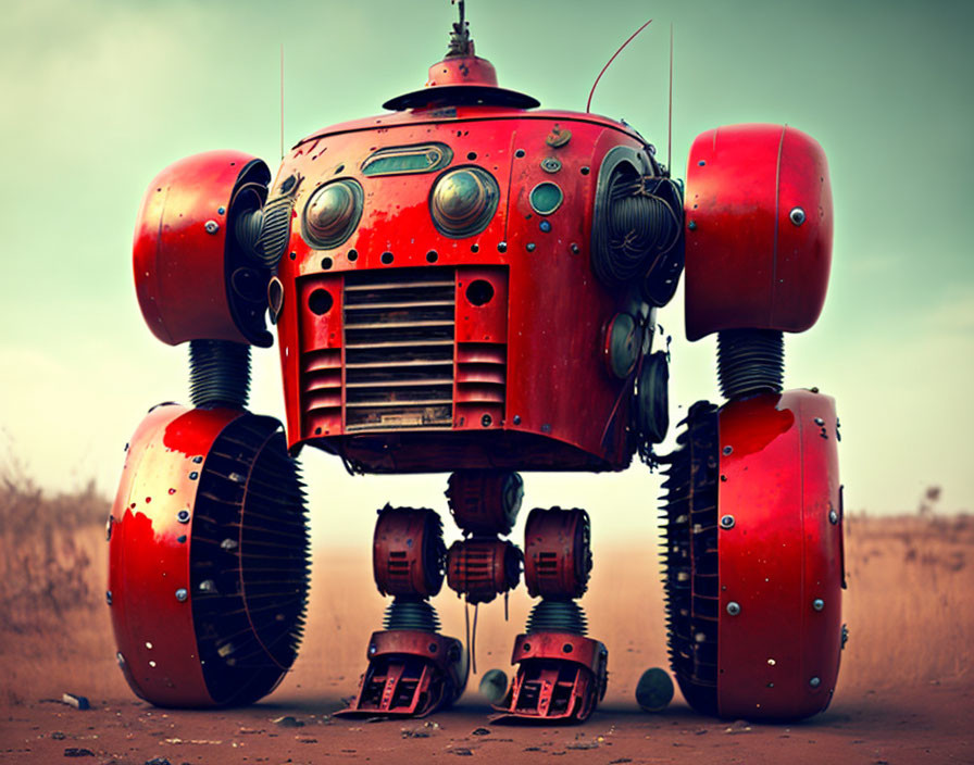 Red retro-futuristic robot with circular saw hands in desolate landscape