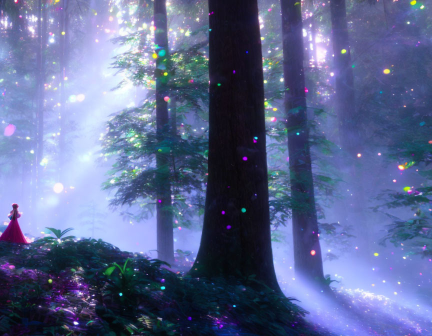 Enchanting forest with mist, floating orbs of light, and figure in red dress