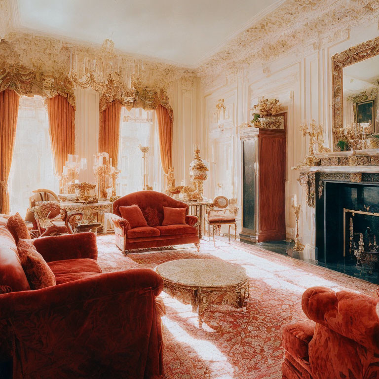 Luxurious Vintage Room with Red Velvet Sofas and Golden Mirrors