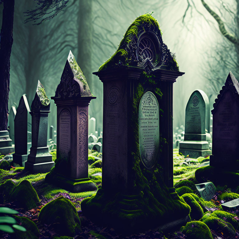 Moss-Covered Tombstones in Misty Forest