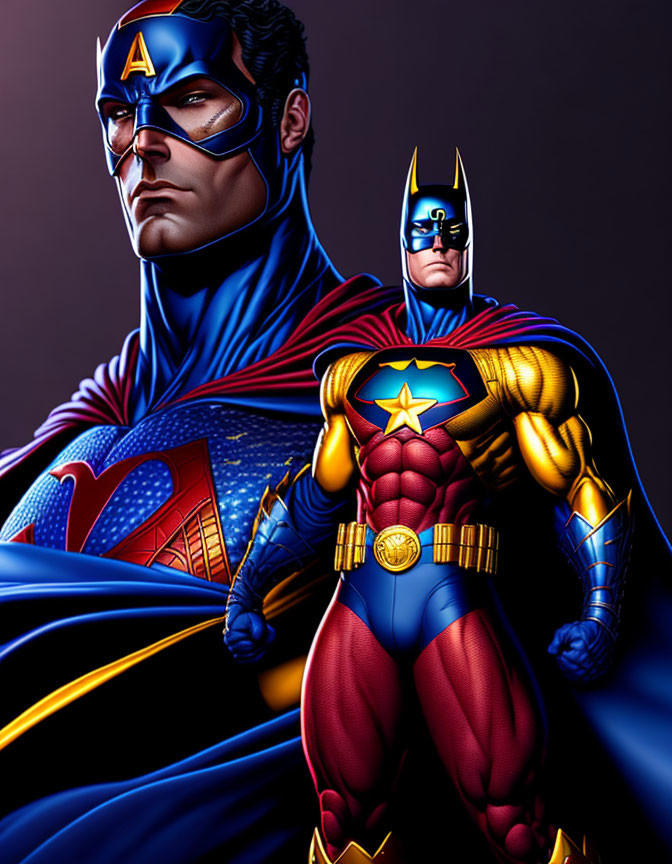 Illustration of two superheroes with 'A' and bat-themed costumes