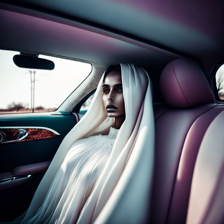 Woman in white garment gazes out car backseat with dramatic purple lighting