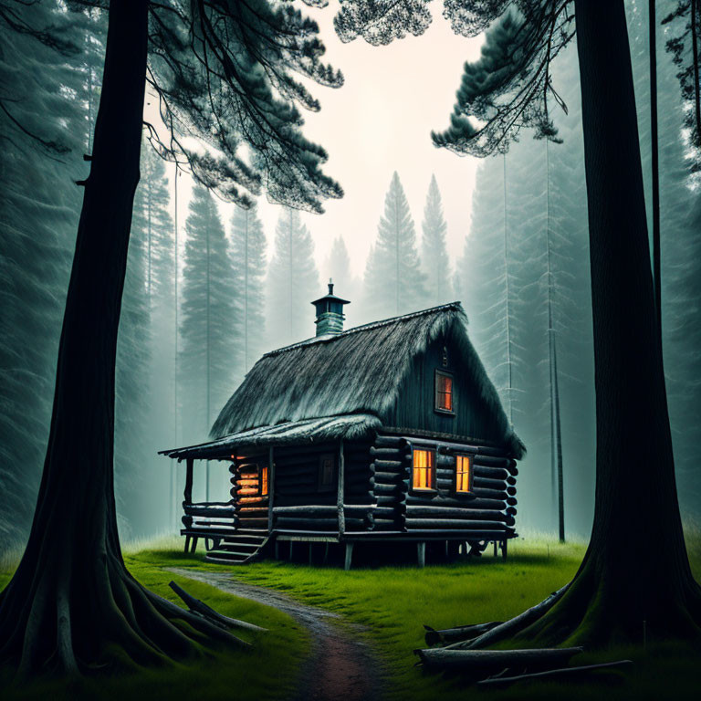 Tranquil log cabin in misty pine forest