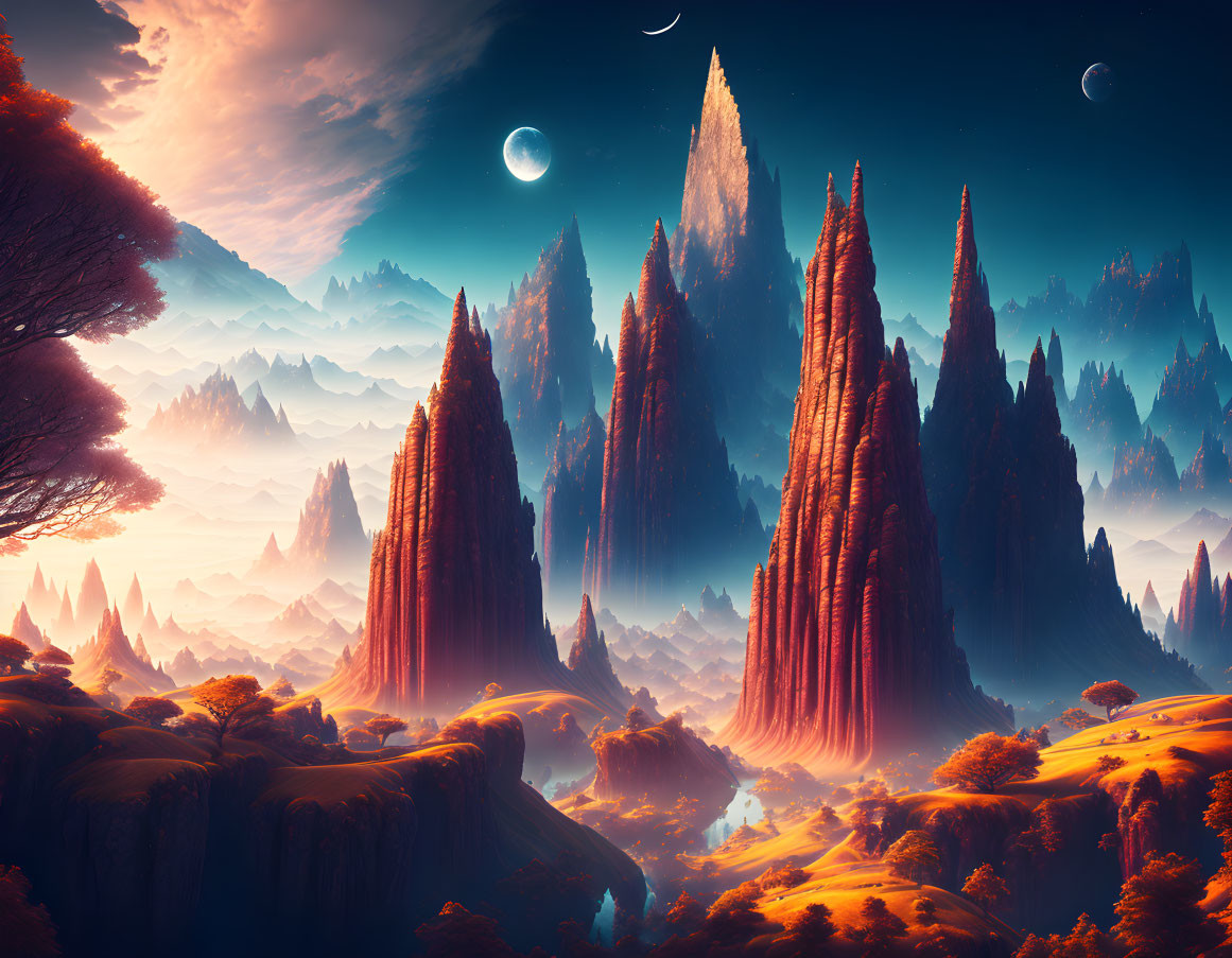 Majestic rock formations under dual moons and vibrant sunset