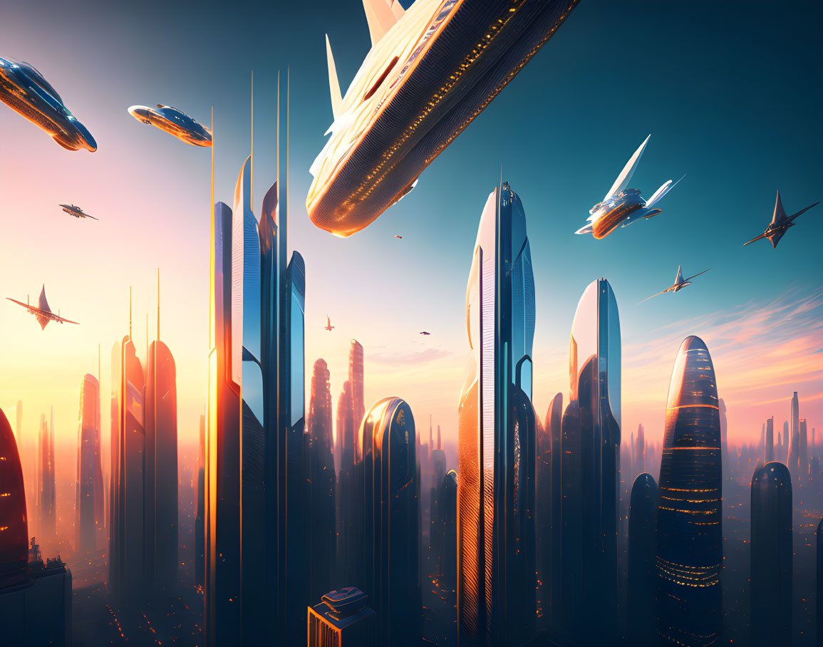 Sleek skyscrapers and flying vehicles in futuristic cityscape at sunset