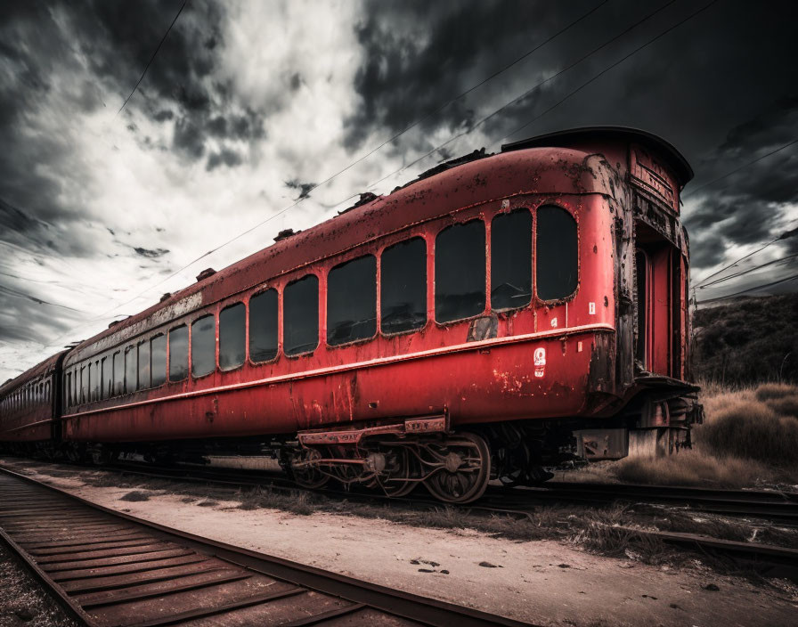 Rusting red train carriage on abandoned tracks under cloudy sky