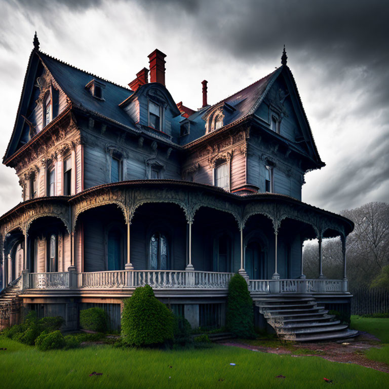 Victorian-style mansion with wraparound porch and intricate woodwork at dusk