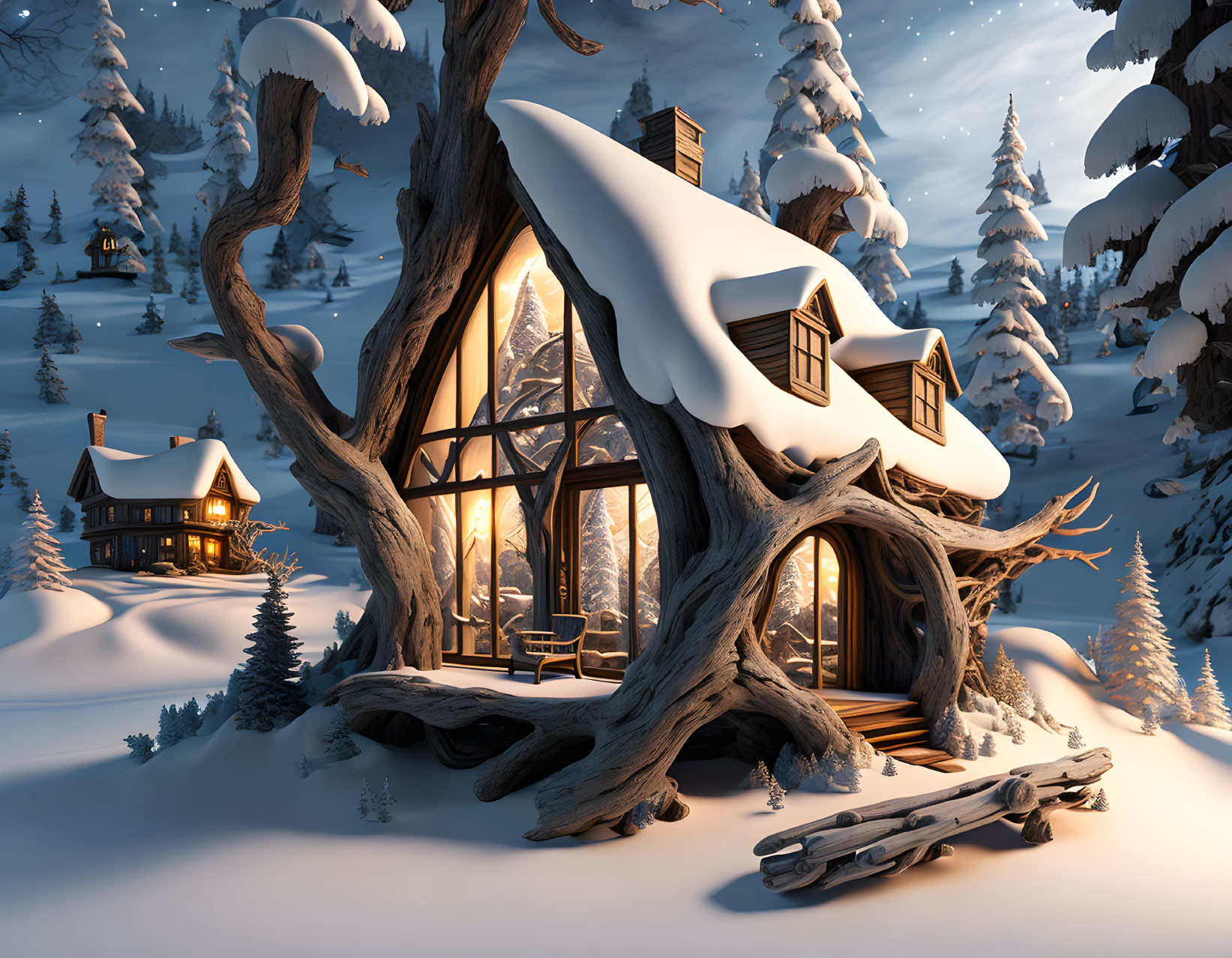 Snow-covered treehouse in tranquil snowy landscape at dusk