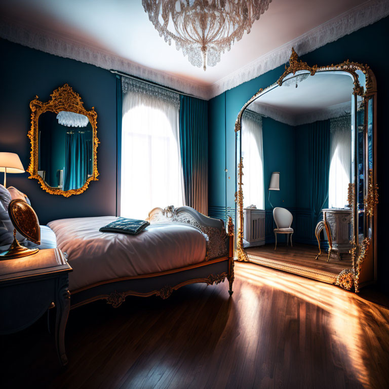 Luxurious Bedroom with Deep Blue Walls and Elegant Decor