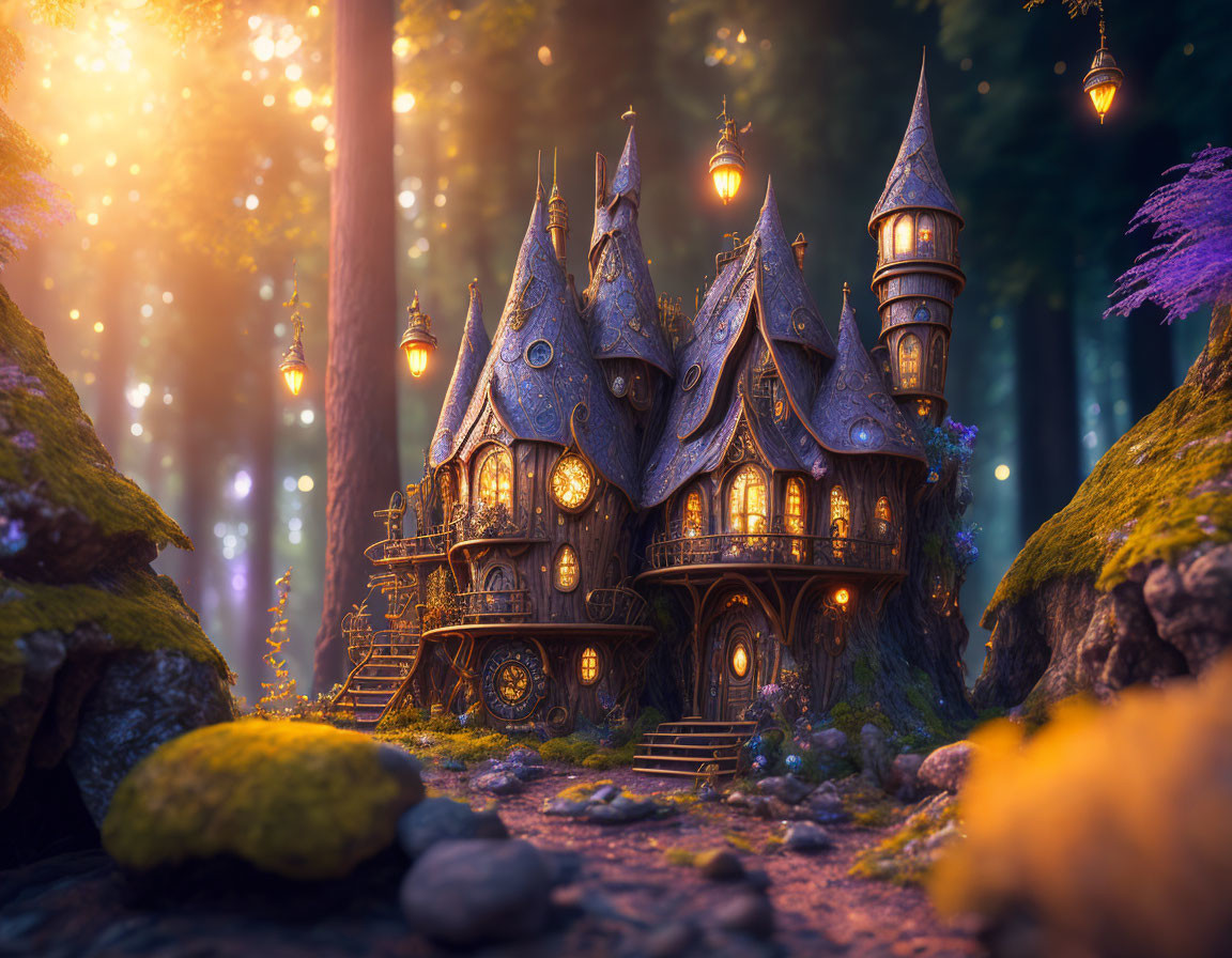 Enchanting fairy-tale cottage in magical forest with glowing lanterns