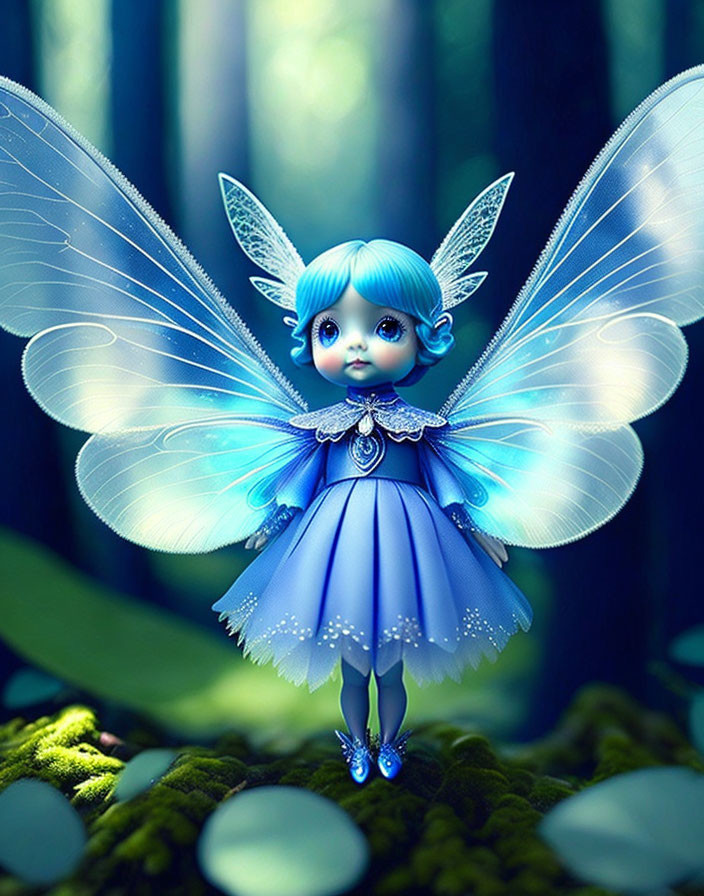 Whimsical fairy with translucent wings in blue dress in mystical forest