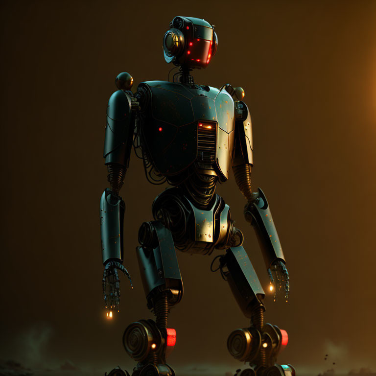 Futuristic robot with illuminated joints and red visor on amber backdrop