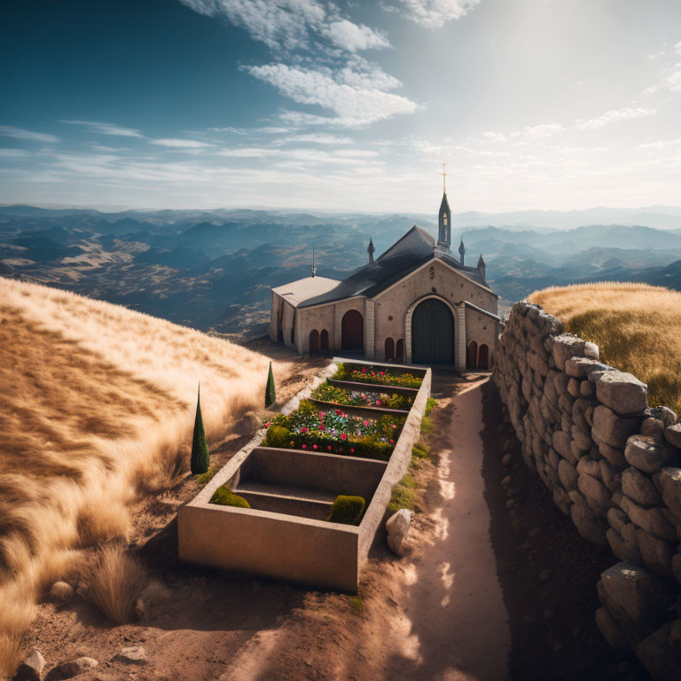 Small Church with Spire on Hill in Golden Grass Landscape