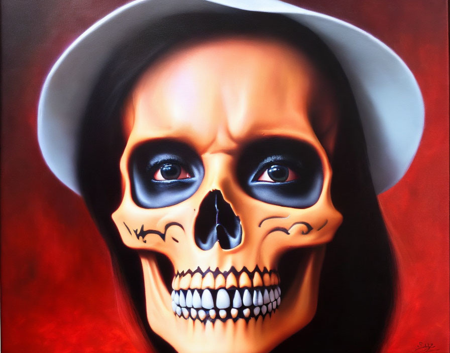 Skull with Hat Painting: Realism and Surrealism Blend