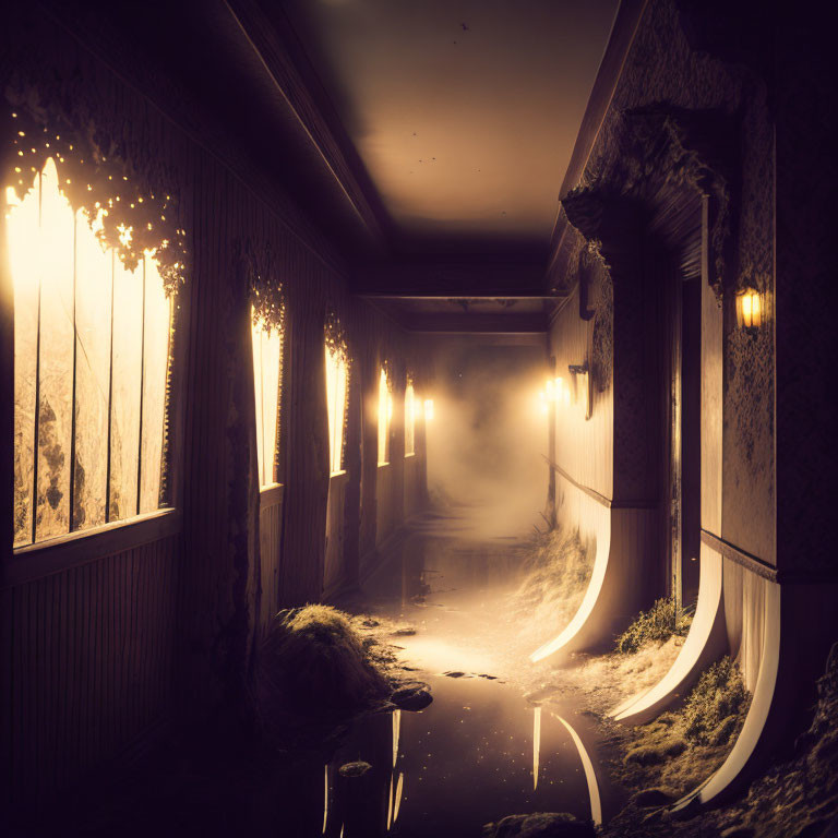 Abandoned corridor with peeling wallpaper, fog, water puddles, and flickering lights