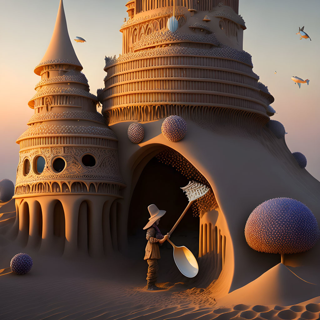 Intricate sandcastle and figure building sandball under pastel sky