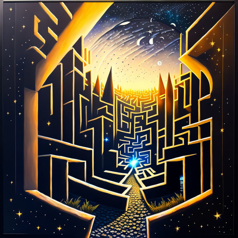 Surreal painting of starry night sky merging with maze and golden borders