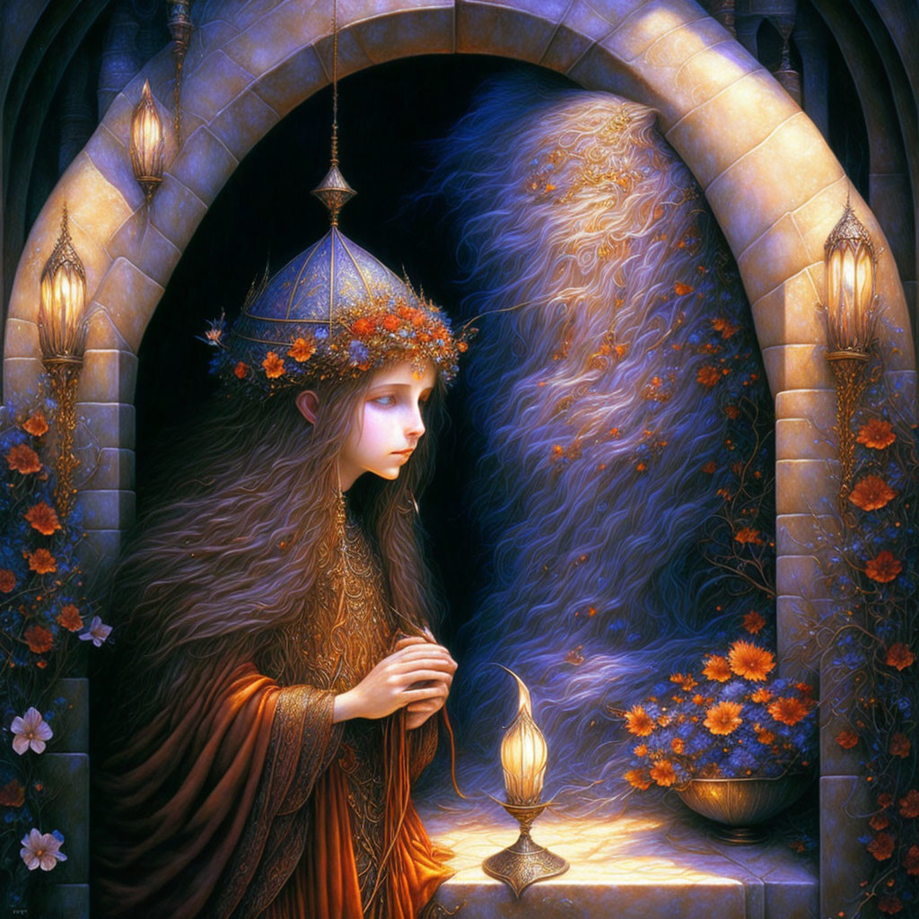 Medieval woman in gown with candle by arched doorway