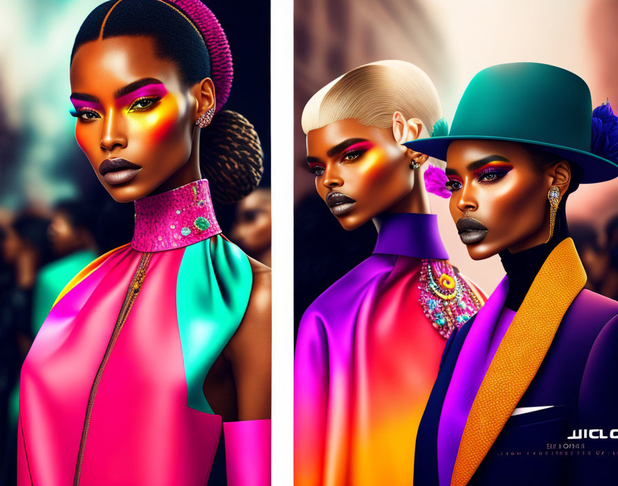 Stylized models in bold makeup and colorful outfits on blurred background