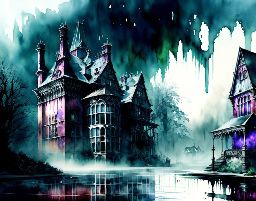 Gothic mansion at night with eerie blue and purple hues