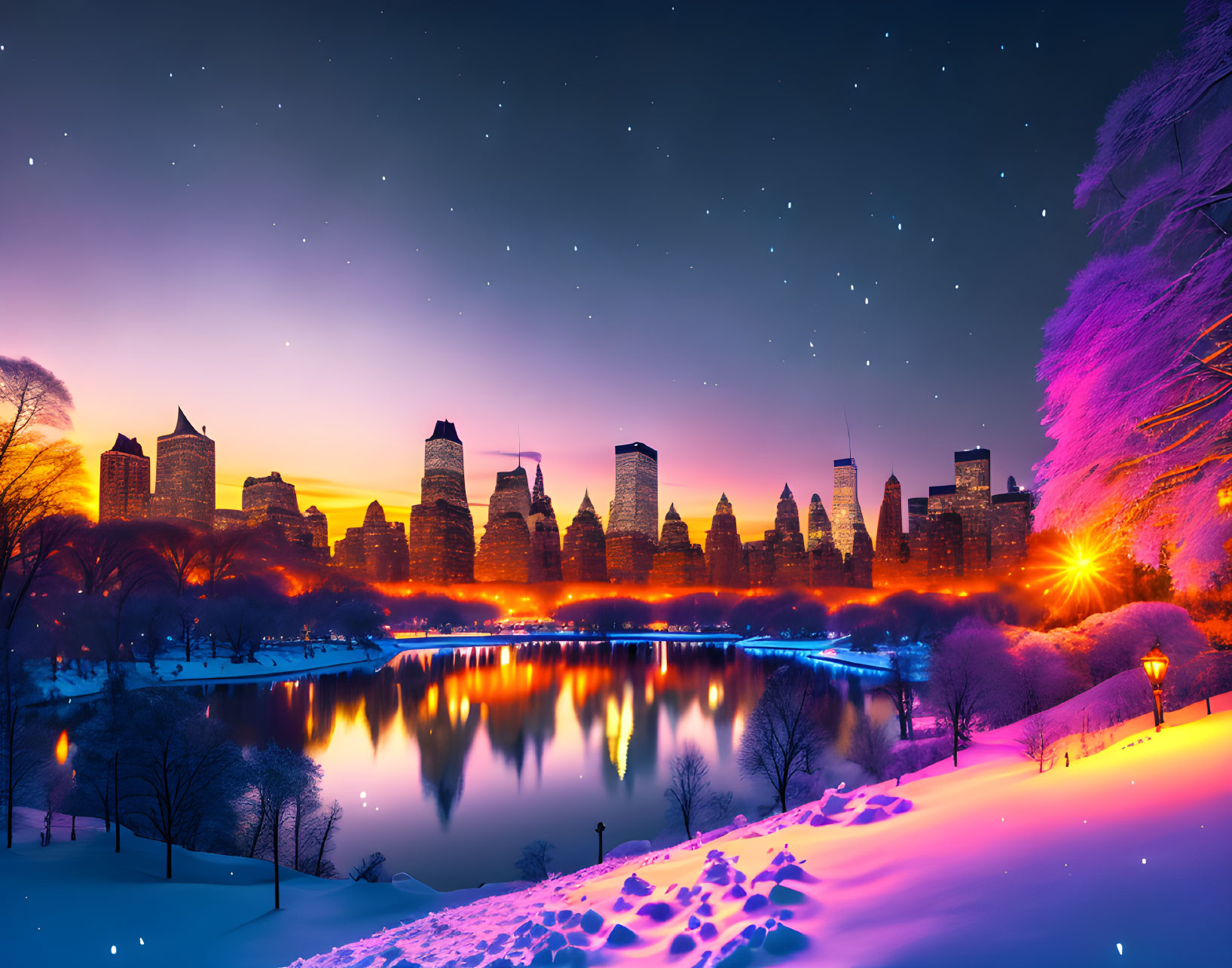 Cityscape at Dusk with Water Reflections, Starry Sky, and Snow-Covered Trees