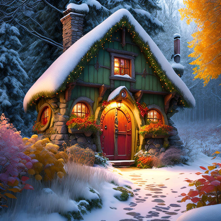 Snow-covered cottage with festive lights in wintry landscape