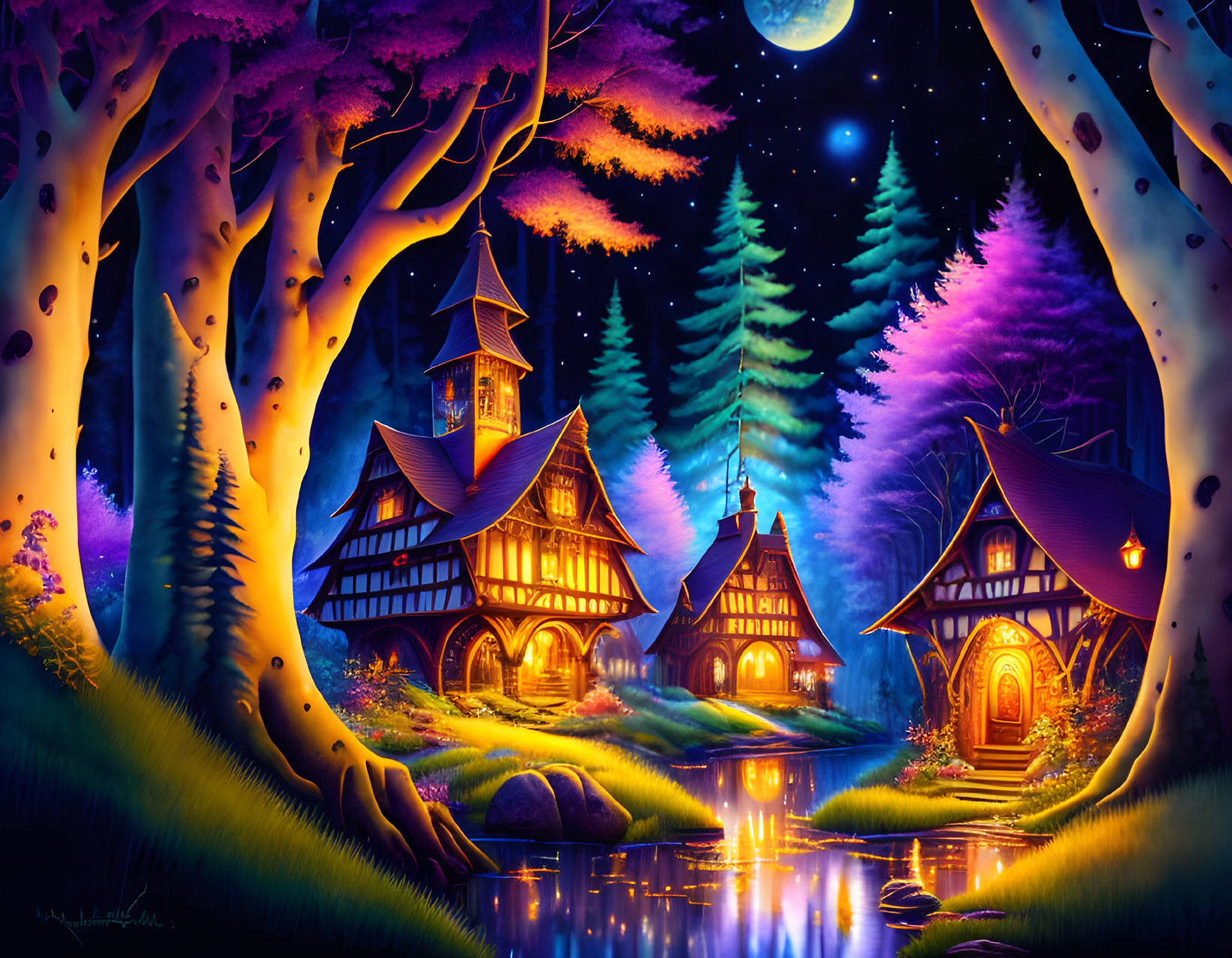 Colorful Tudor-style houses in illuminated fantasy night landscape