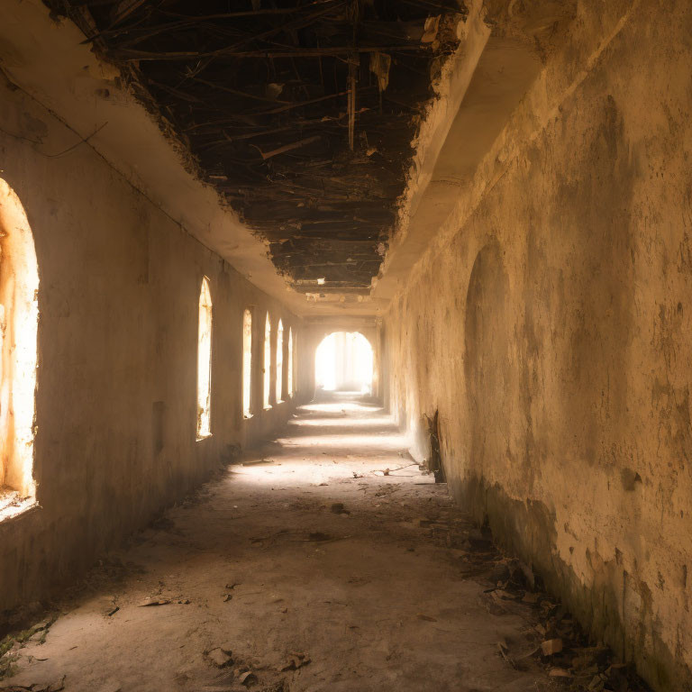 Abandoned corridor with arch-shaped windows and bright exit