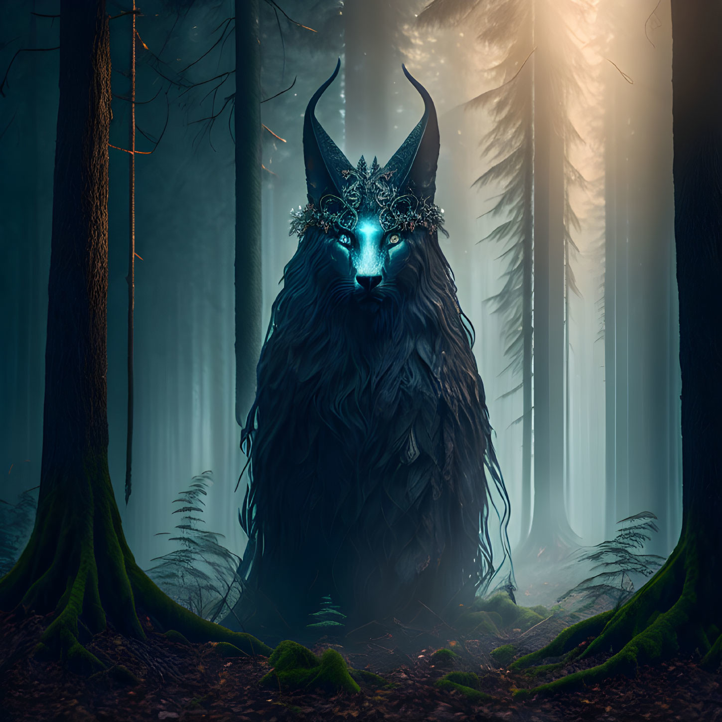 Wolf-like Creature with Antlers in Enchanted Forest with Blue Eyes