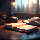 Open book on wooden table with lamp and pine trees at dusk