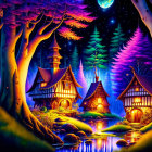 Colorful Tudor-style houses in illuminated fantasy night landscape