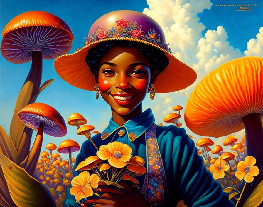 Colorful Woman Surrounded by Whimsical Mushrooms under Sunny Sky