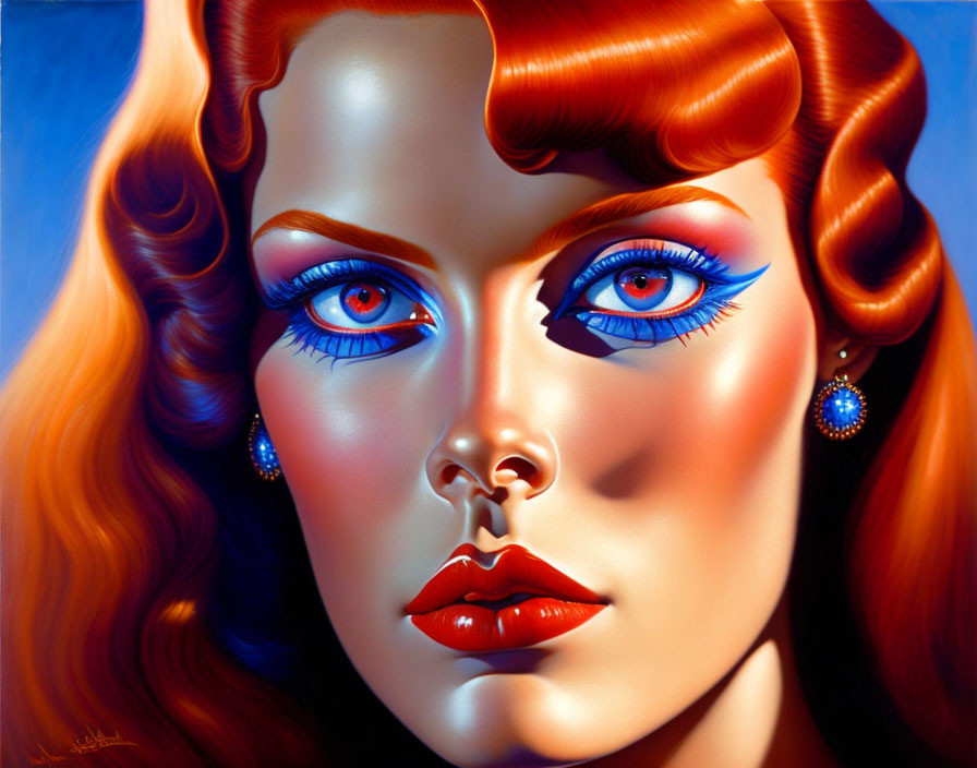 Hyper-realistic painting of a woman with blue eyes, red hair, and blue earrings