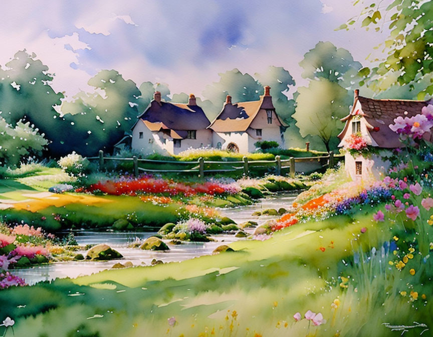 Quaint village scene with blossoming flowers and countryside cottages